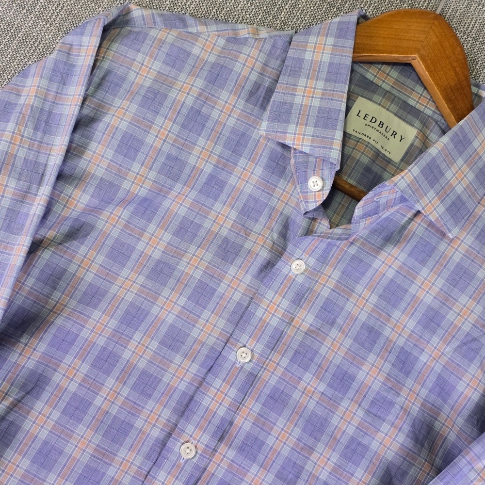 Ledbury Button Up Shirt Mens 16.5 Large Plaid Blue Orange Tailored Fit Preppy